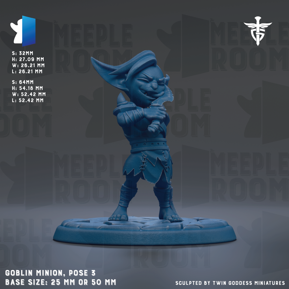 a blue figurine of a miniature character, likely a dwarf or elf, posed on a base. The figurine is described as a "Goblin Minion" and is shown in a pose with one hand on its hip and the other holding a sword. The base size of the figurine is 25mm or 50mm, depending on the perspective. The image is a collage of multiple images, and the phrase "The image depicts" is not used.