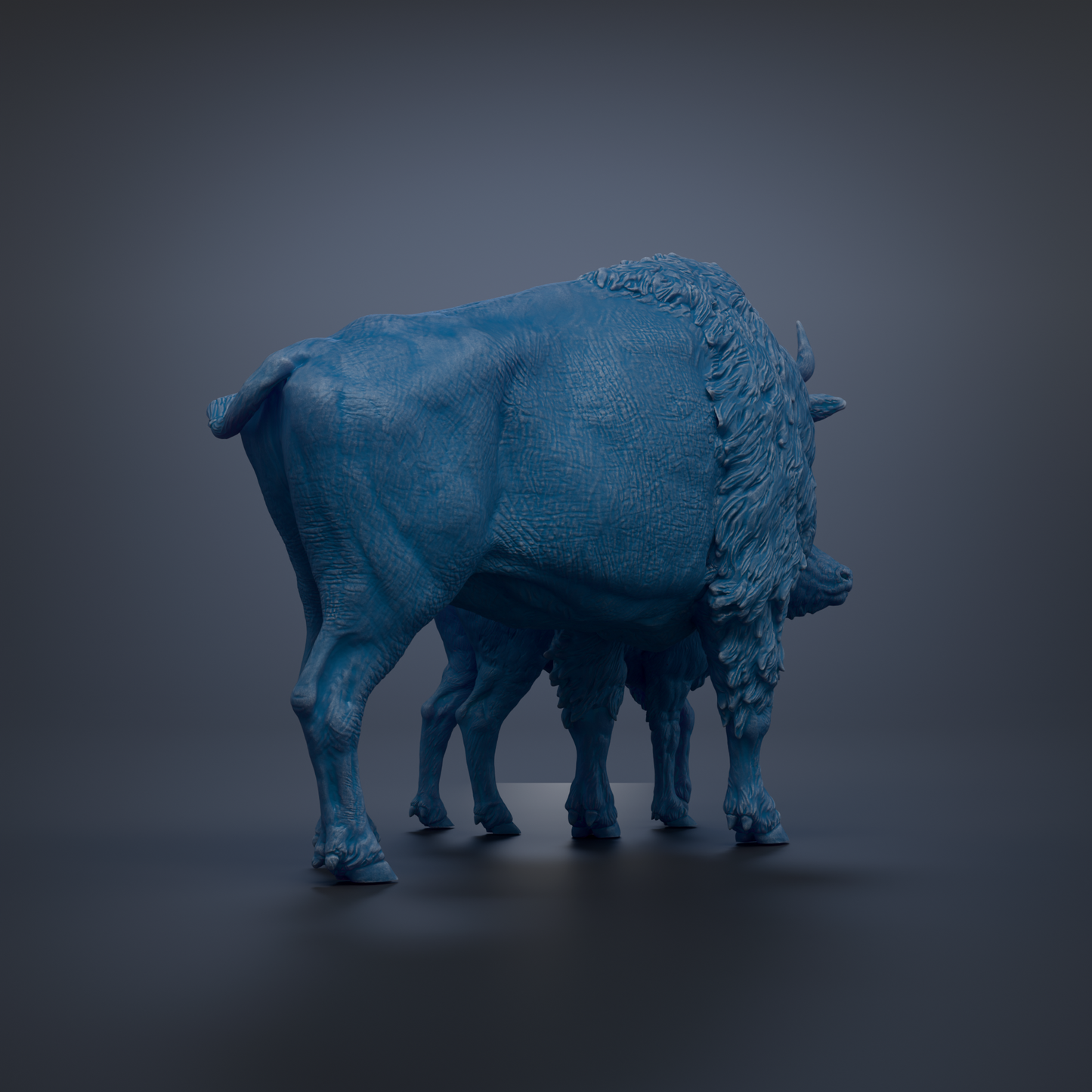 A blue, 3D-rendered bison statue stands on a dark surface, its body oriented towards the right side of the image.