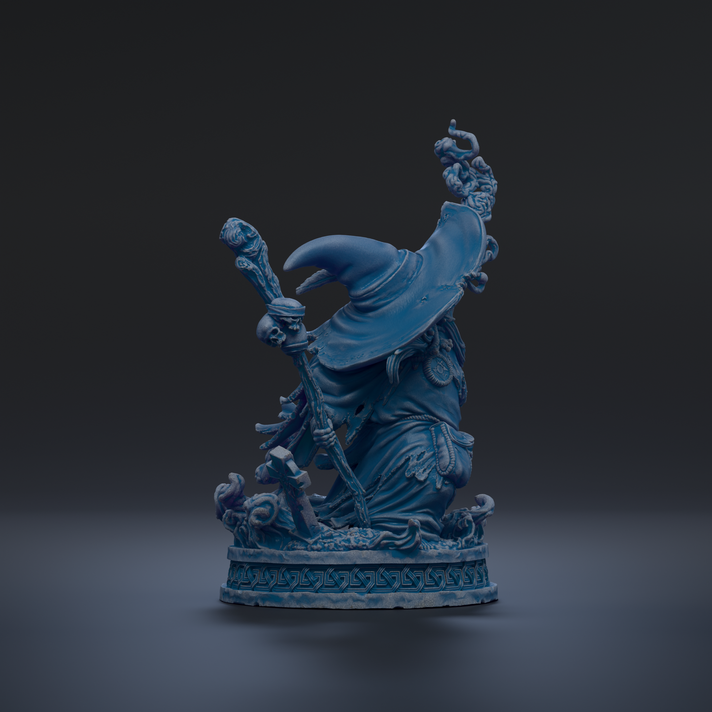 A blue, 3D-rendered statue of a wizard or magical figure, with intricate details and a flowing robe, standing on a pedestal against a dark background.