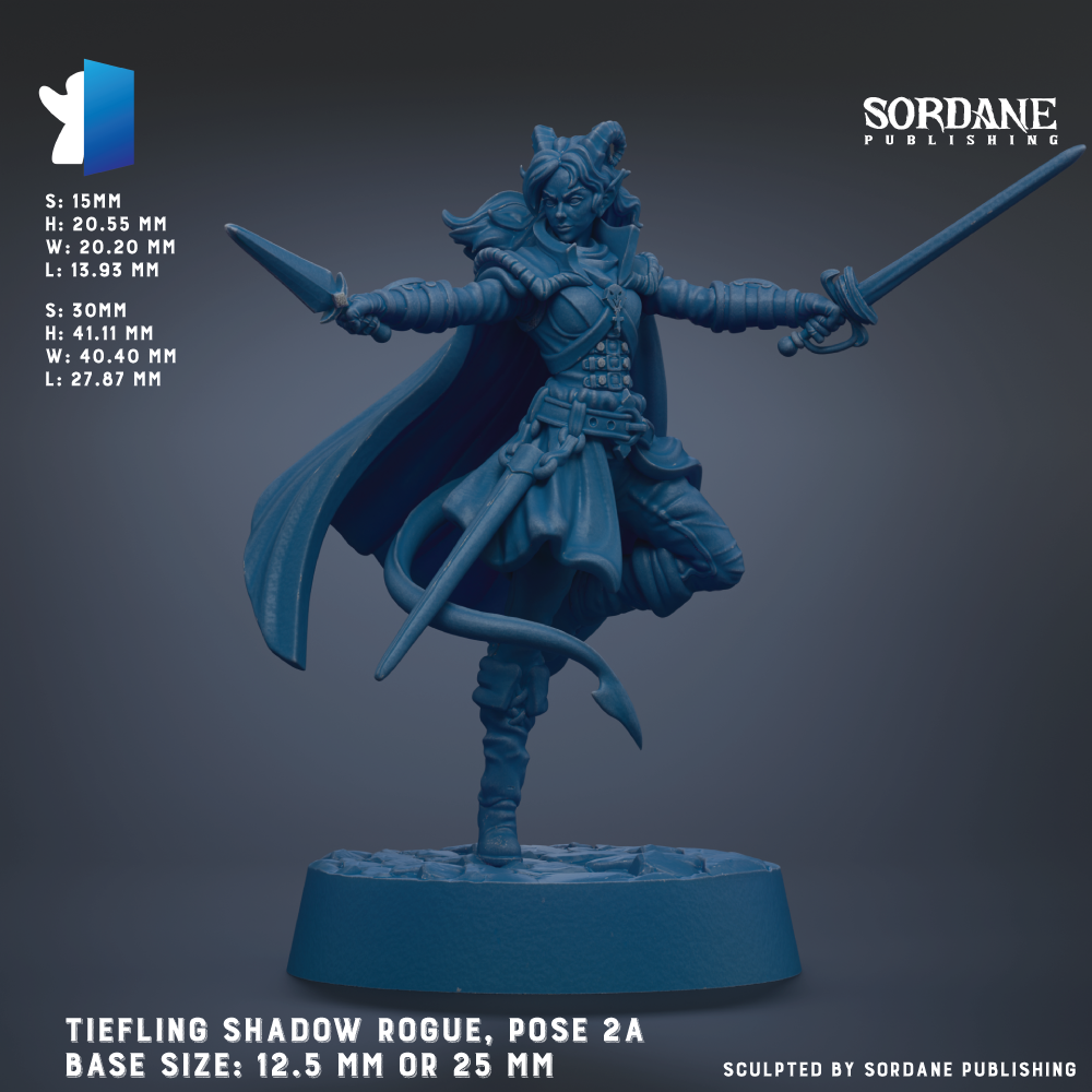 a detailed figurine of a female character with a cape and sword, posed in a dynamic stance. The figurine is described as a "Tiefling Shadow Rogue, Pose 2A" and is shown in various sizes, ranging from 12.5 mm to 25 mm. The base size of the figurine is 12.5 mm or 25 mm. The image is published by Sordane Publishing.