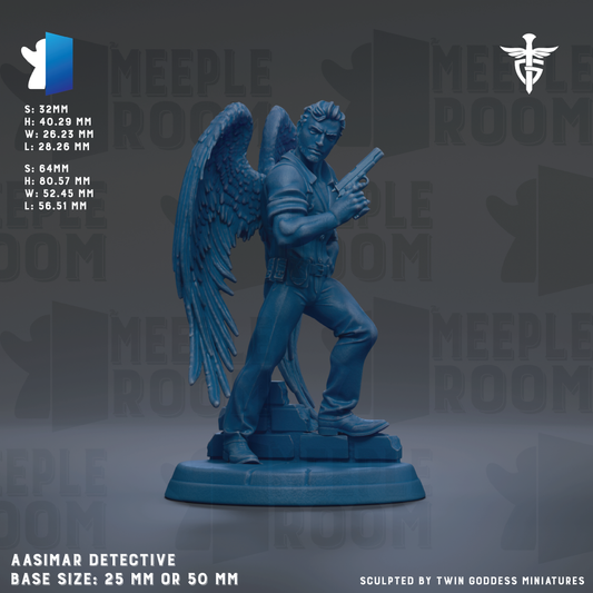 The image is a detailed 3D model of a blue-colored statue of a male figure with wings, holding a gun and standing on a pedestal. The statue appears to be a detective or superhero character.