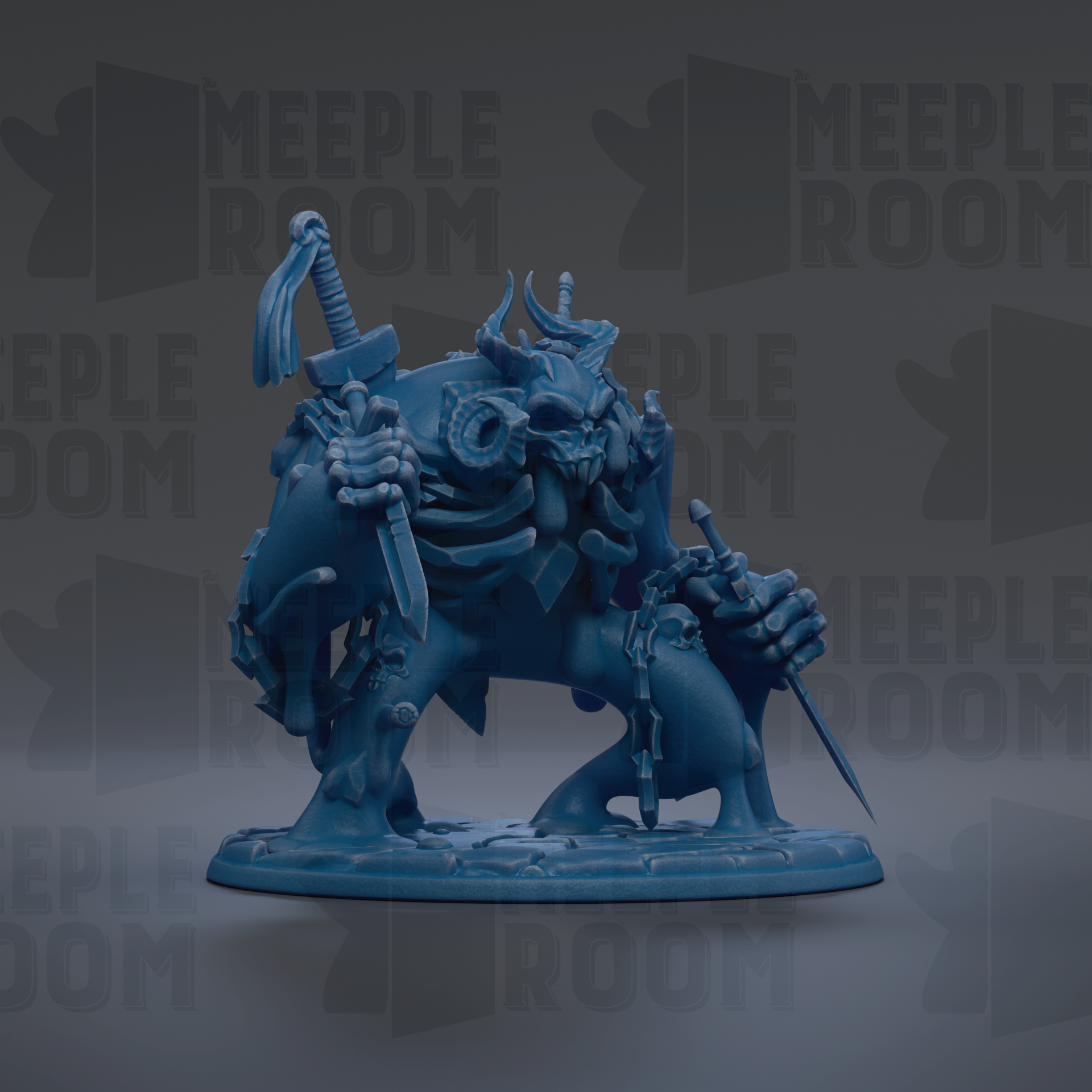A blue, 3D-rendered fantasy creature with horns and a fierce expression, holding a sword and shield, is the central focus of the image.