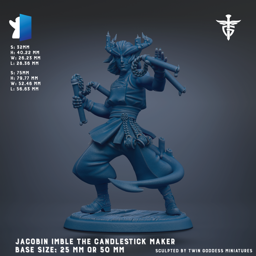 The image is a 3D model of a candlemaker named Jacobin Imble, depicted in a dynamic pose with a candle in one hand and a candlestick in the other. The base size of the candlemaker is 25 mm or 50 mm.