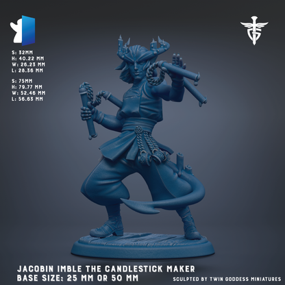 The image is a 3D model of a candlemaker named Jacobin Imble, depicted in a dynamic pose with a candle in one hand and a candlestick in the other. The base size of the candlemaker is 25 mm or 50 mm.