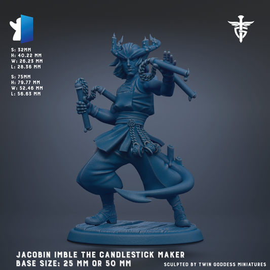 The image is a 3D model of a candlemaker named Jacobin Imble, depicted in a dynamic pose with a candle in one hand and a candlestick in the other. The base size of the candlemaker is 25 mm or 50 mm.