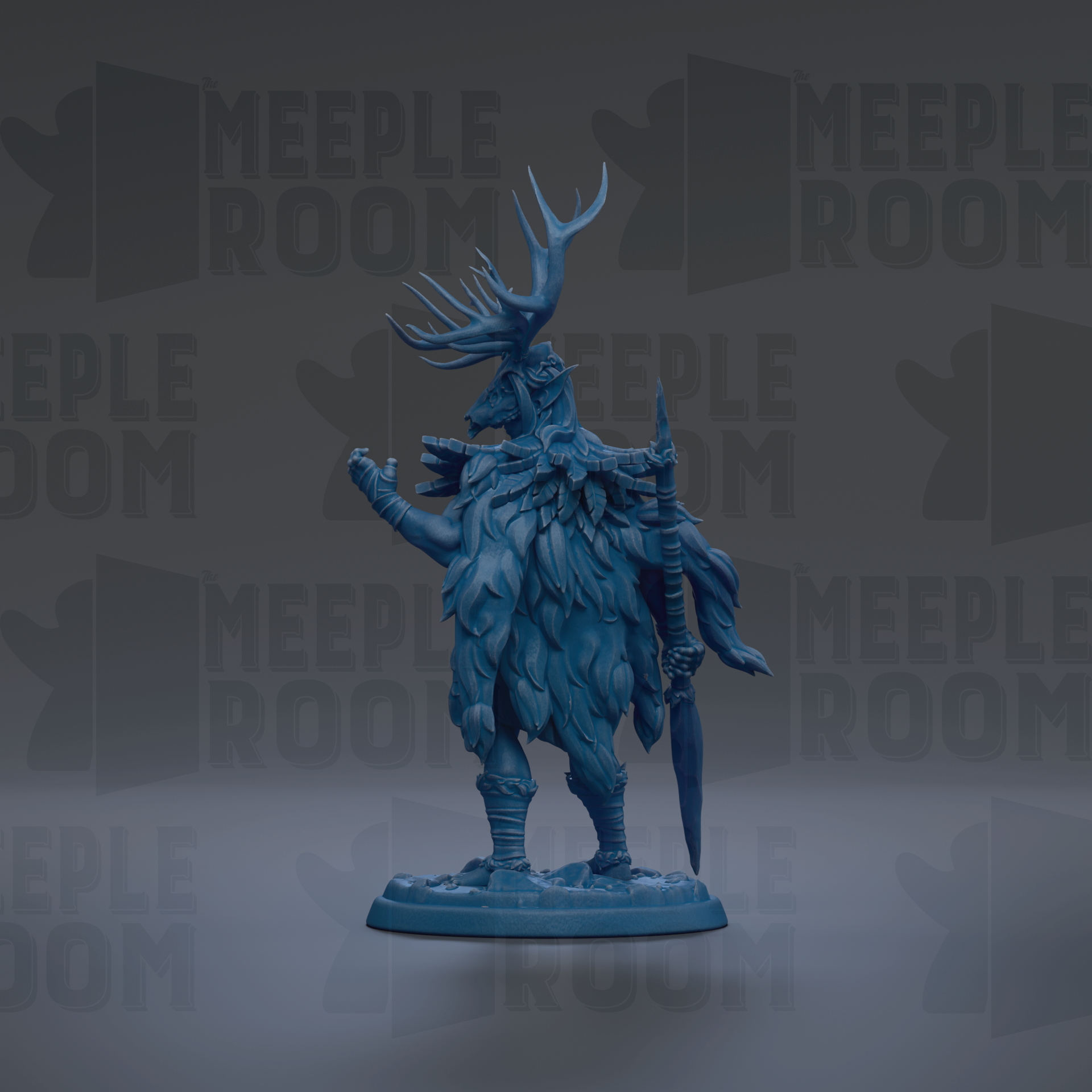A blue figurine of a fantastical creature with antlers and a flowing cape, standing on a base against a dark background with repeated text.