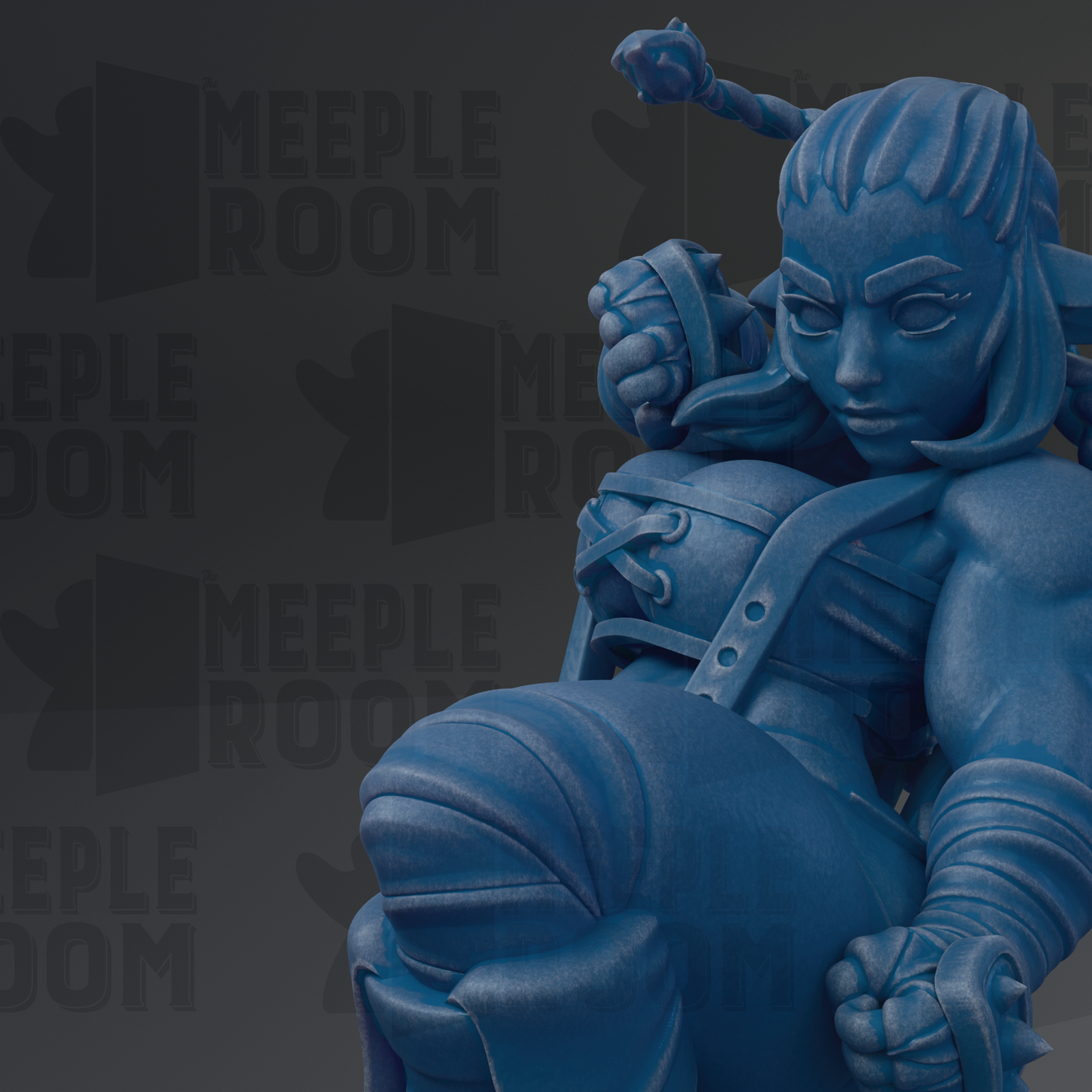 A blue, 3D-rendered statue of a character with a determined expression, holding a weapon and standing in a fighting stance.