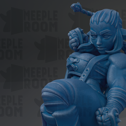 A blue, 3D-rendered statue of a character with a determined expression, holding a weapon and standing in a fighting stance.