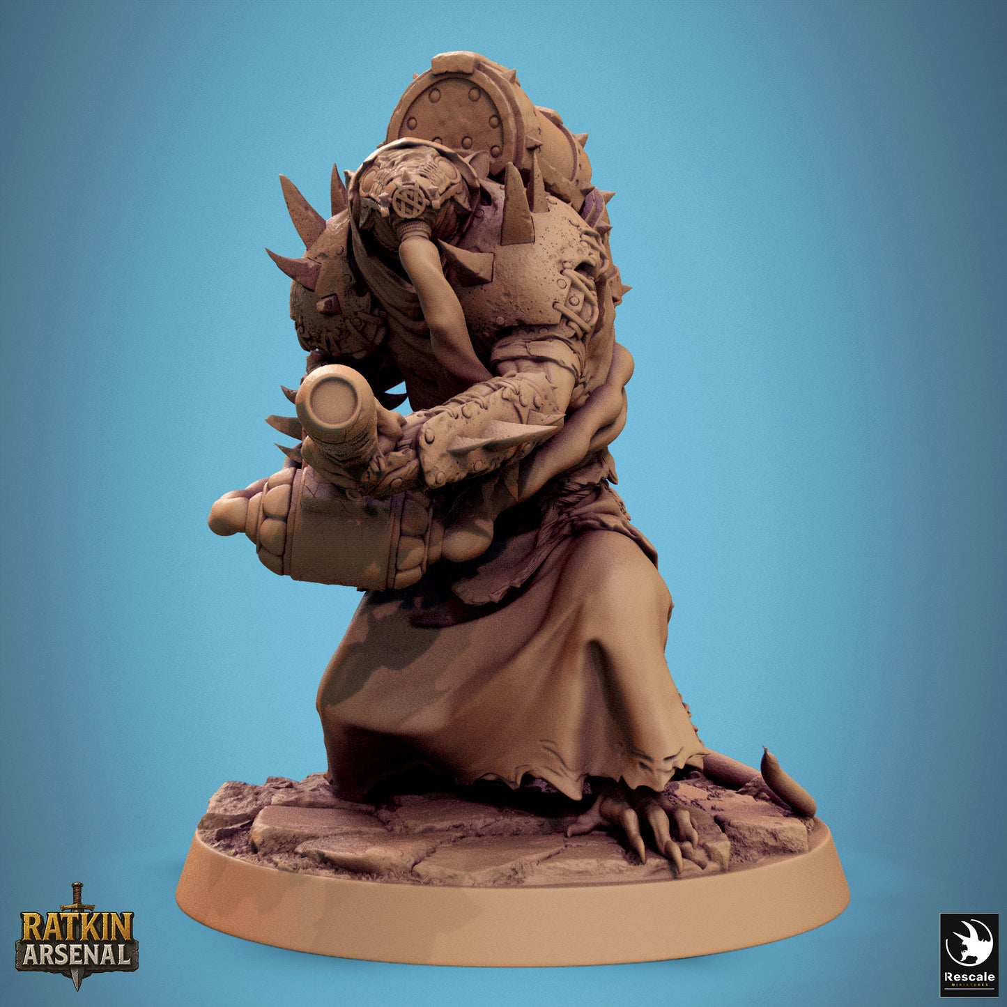 A 3D model of a heavily armored and battle-ready character, possibly a warrior or knight, is depicted in the image.