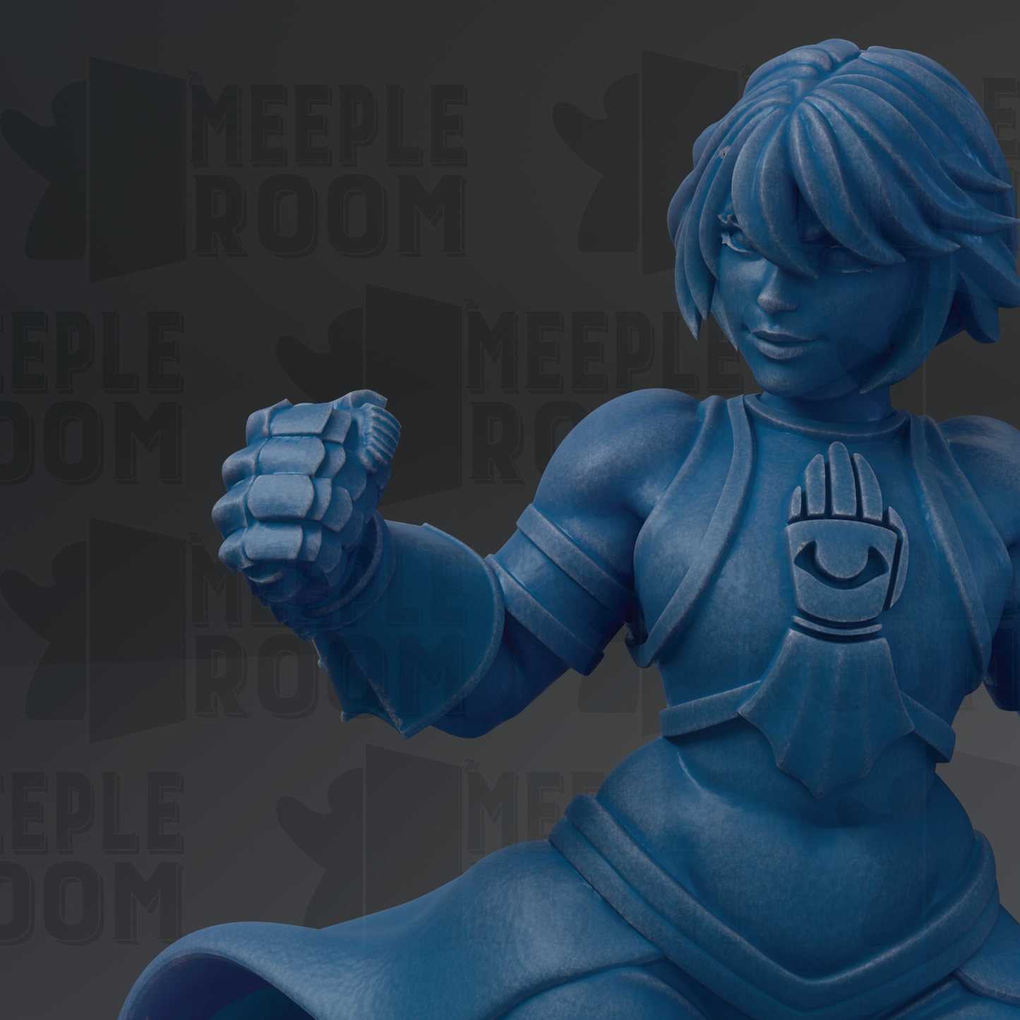 A blue figurine of a female character with short hair and a determined expression, wearing a blue outfit with a distinctive emblem.