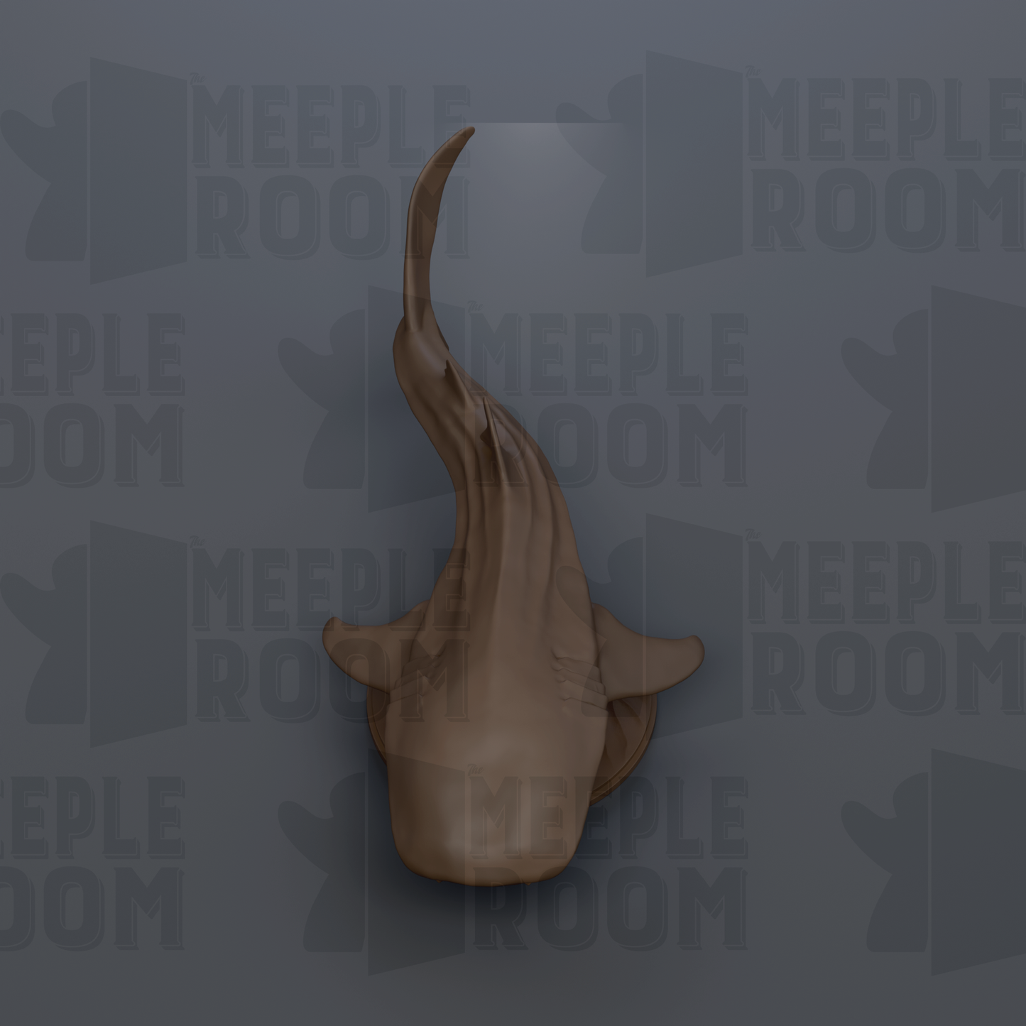 a brown fish with a long, curved tail against a dark background with repeated text.