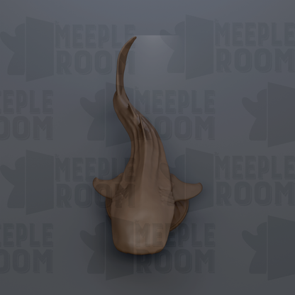 a brown fish with a long, curved tail against a dark background with repeated text.