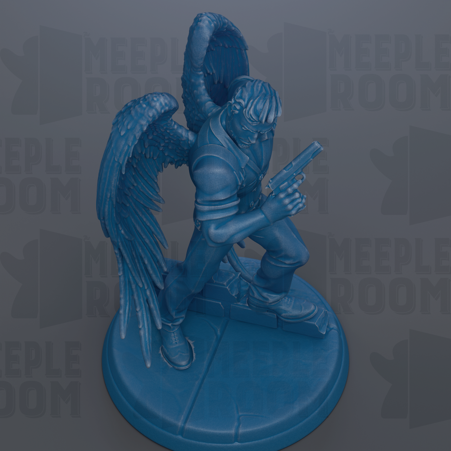 A blue figurine of a winged figure holding a gun, standing on a circular base.