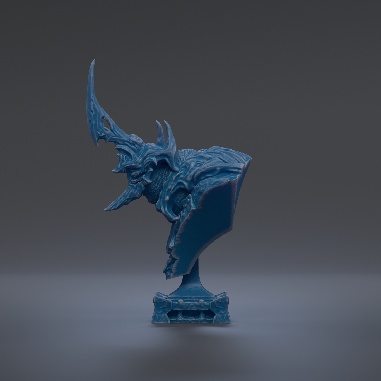 A blue, sculpted figurine of a fantastical creature with sharp, pointed features stands on a pedestal against a dark background.