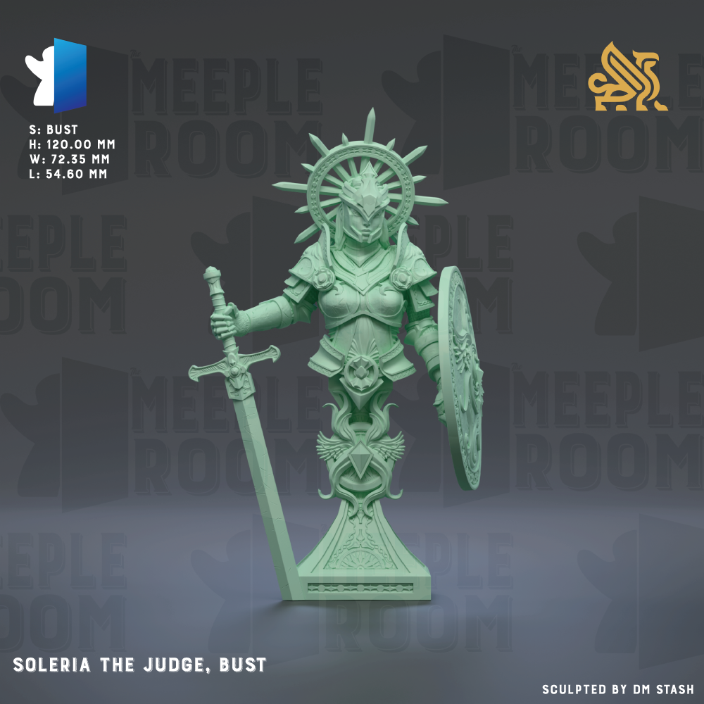 a statue of Solaria, the judge, bust, holding a sword and shield.