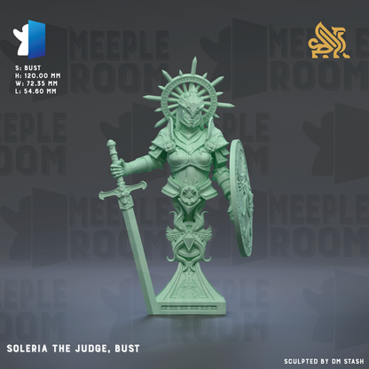 a statue of Solaria, the judge, bust, holding a sword and shield.
