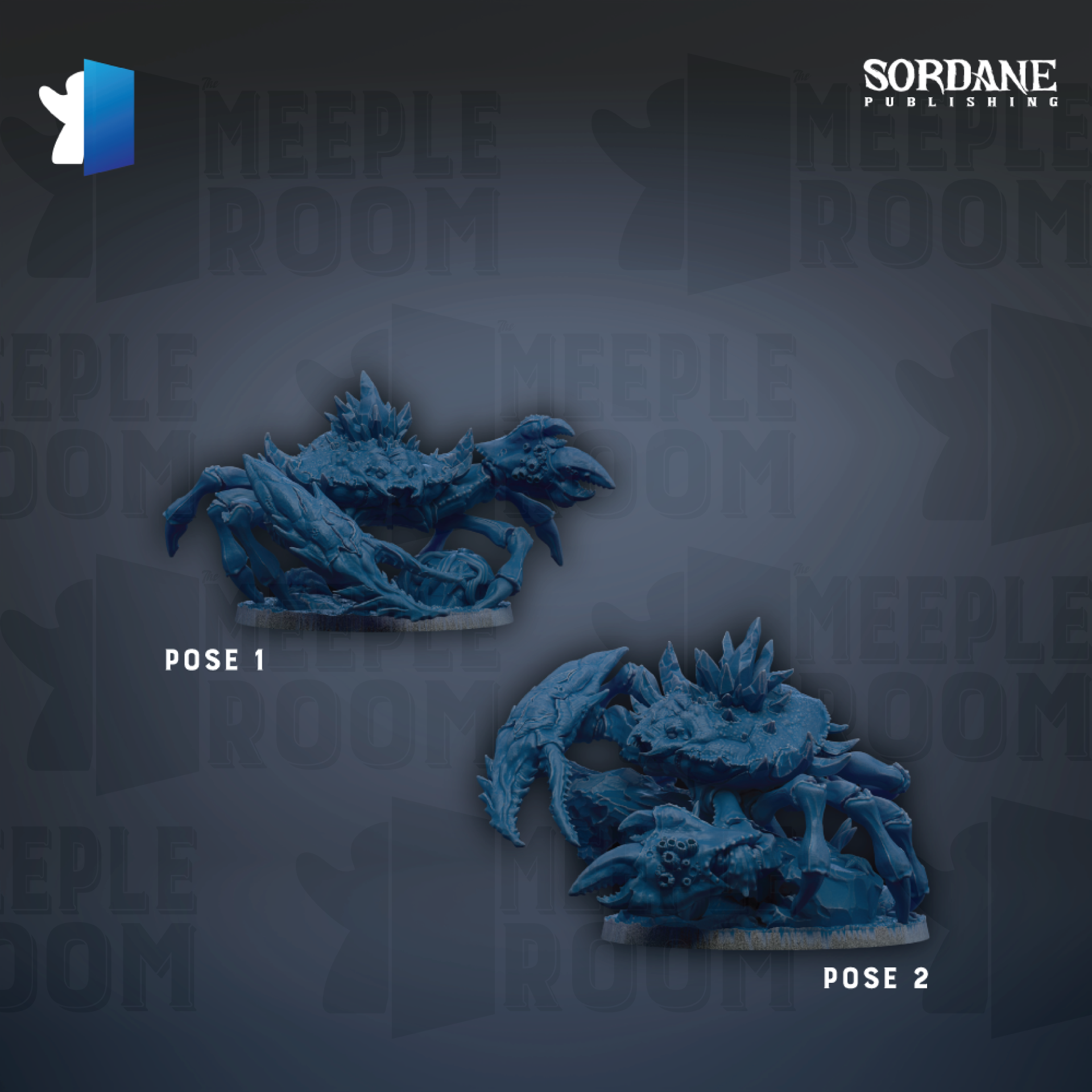two blue crab-like creatures with spikes on their bodies, set against a dark background with repeated text.