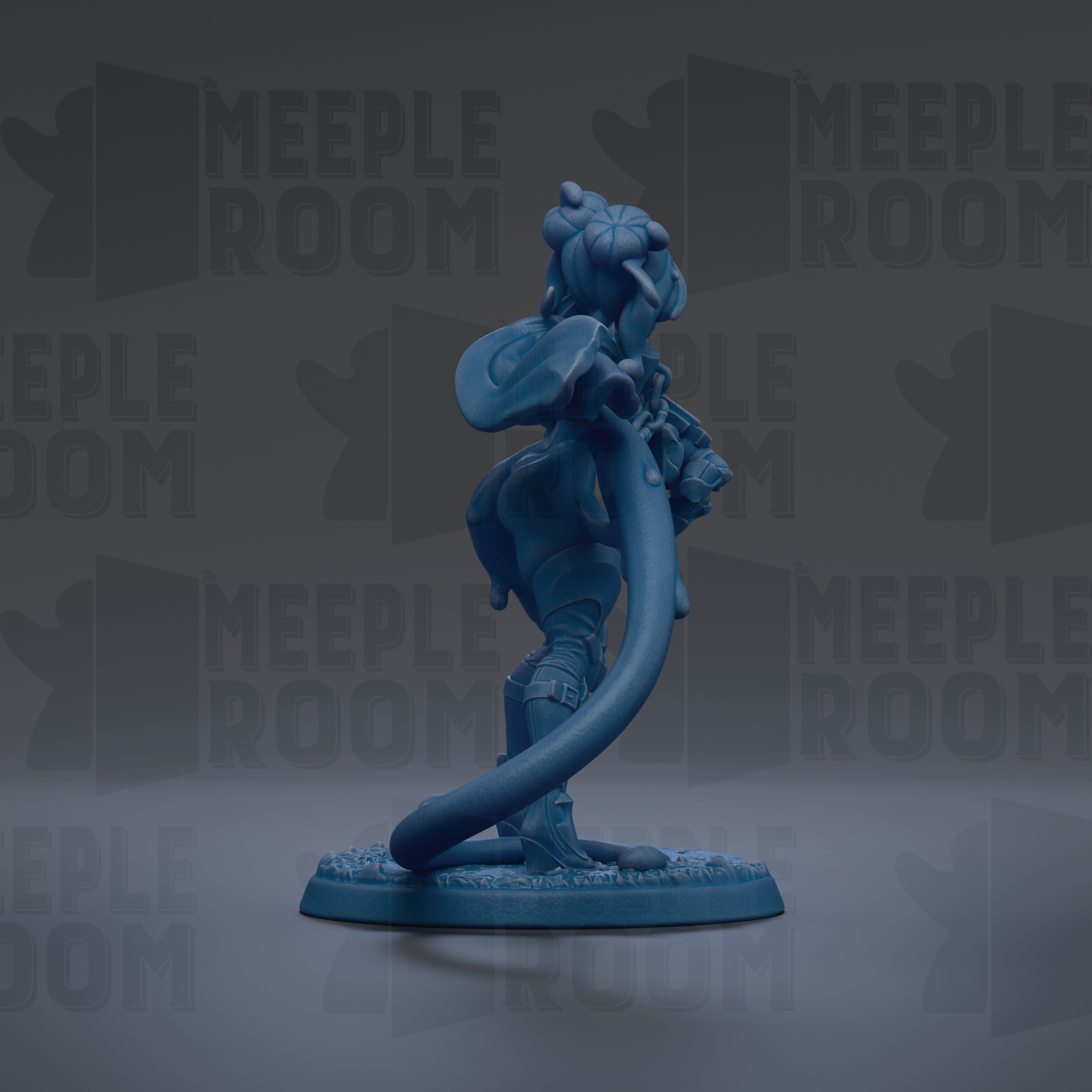 A blue figurine of a cat-like creature with a long tail and a pointed hat, standing on a base.