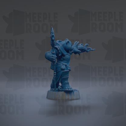 A blue figurine of a dragon-like creature holding a staff and standing on a platform against a dark background with repeated "MEIPLE ROOM" text.