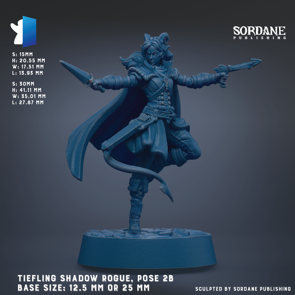 a detailed 3D model of a female character in a dynamic pose, holding a sword and surrounded by various weapons. The character appears to be a warrior or knight, with a cape and a flowing cloak. The image is a 3D rendering of a female character, and it is described as a "Tiefling Shadow Rogue, Pose 2B" with a base size of 12.5 mm or 25 mm. The image is published by Sordane Publishing.