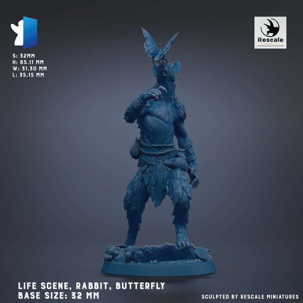 The image is a 3D rendering of a life-size figurine of a rabbit wearing a butterfly costume, standing on a base. The figurine is blue in color and appears to be made of a material that resembles plastic or clay. The base sizes of the figurine are 32 mm, 35 mm, and 31 mm. The image is a sculpture of a rabbit wearing a butterfly costume, and it is displayed against a dark background.