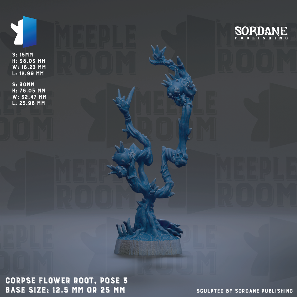 a blue, skull-like figurine with a twisted, gnarled stem and a flower-like base, set against a dark background with repeated text and logos.