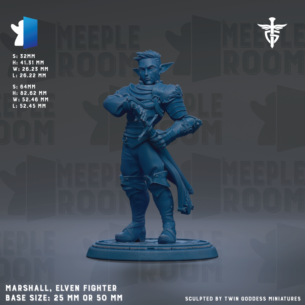 a detailed blue figurine of a fighter, likely a marshall, elf fighter, or similar character, standing in a fighting stance with a sword in hand. The figurine is described as a base size of 25mm or 50mm, and it is sculpted by Twin Goddess Miniatures. The background of the image is a dark gray color, which contrasts with the blue of the figurine and makes it stand out.