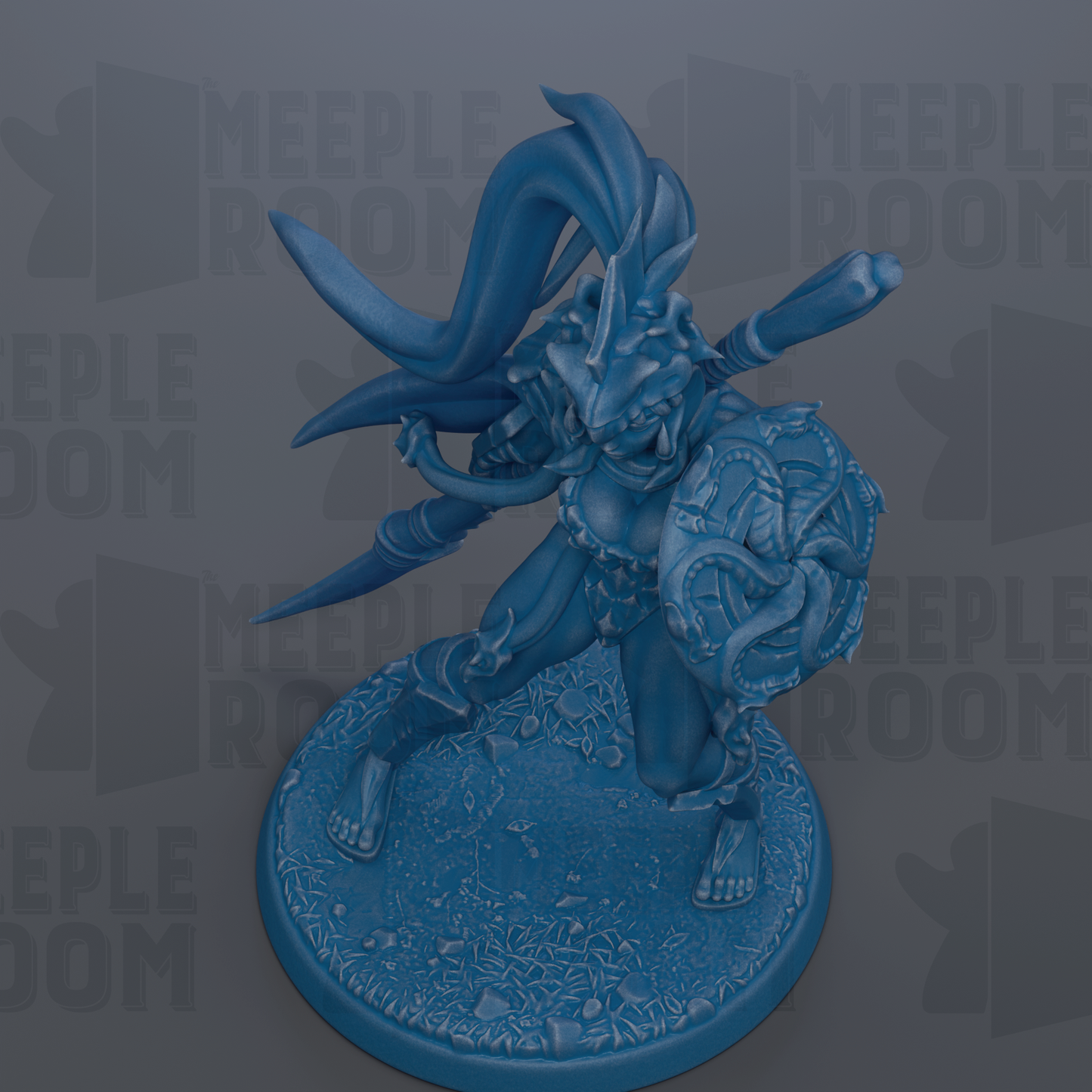 A blue figurine of a warrior-like character with a large headdress and wielding a sword, standing on a base with a textured surface.