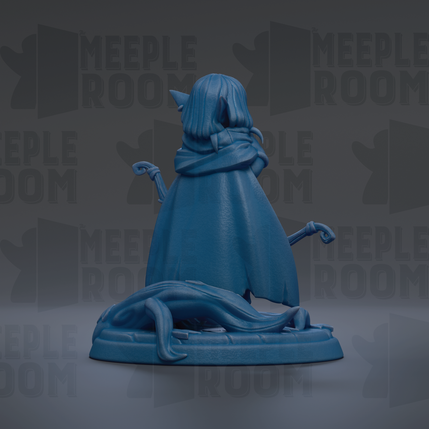 A blue figurine of a person with long hair and a flowing cape, standing on a base with a snake-like shape.