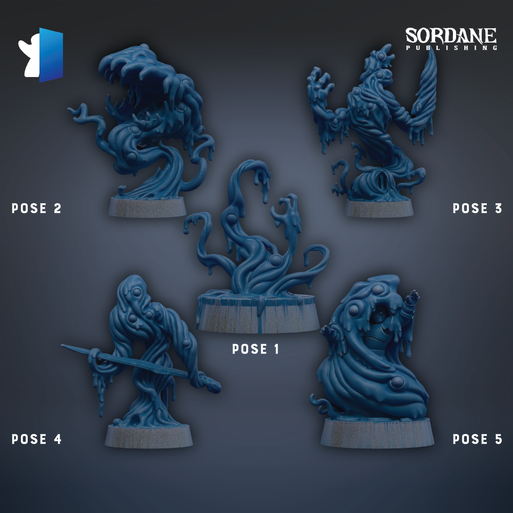 five different poses of a blue, abstract-looking creature, each with a unique pose and expression.