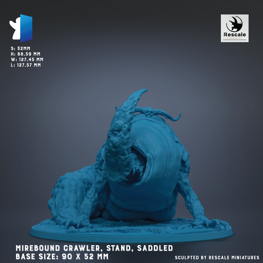 The image is a 3D model of a large, blue-colored creature with a curled tail, sitting on a base. The creature appears to be a type of crawling or crawling-like animal, possibly a parasite or a parasite-like creature. The image is described as a sculpture, and it is shown in a 3D rendering. The base size of the sculpture is 90 x 52 mm.