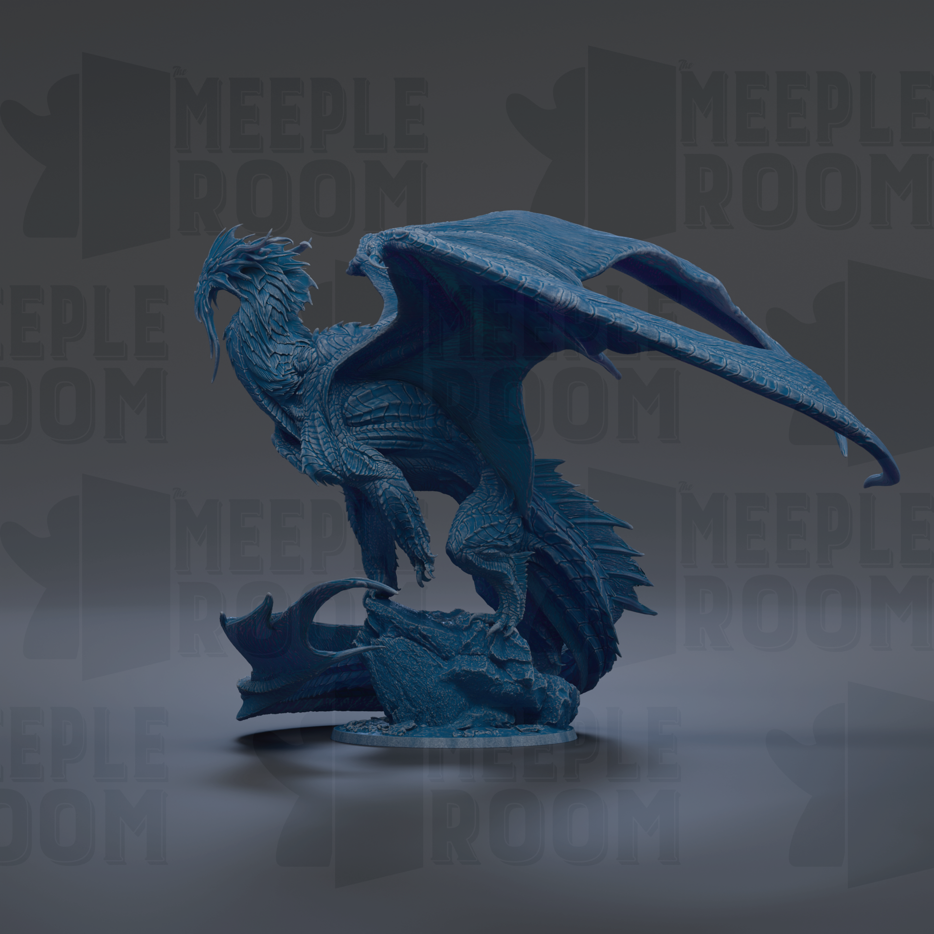 A detailed 3D model of a blue dragon statue with outstretched wings, standing on a base.