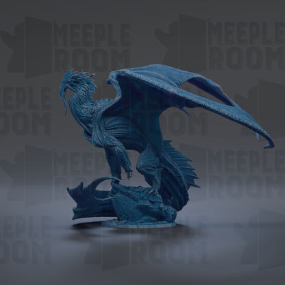 A detailed 3D model of a blue dragon statue with outstretched wings, standing on a base.