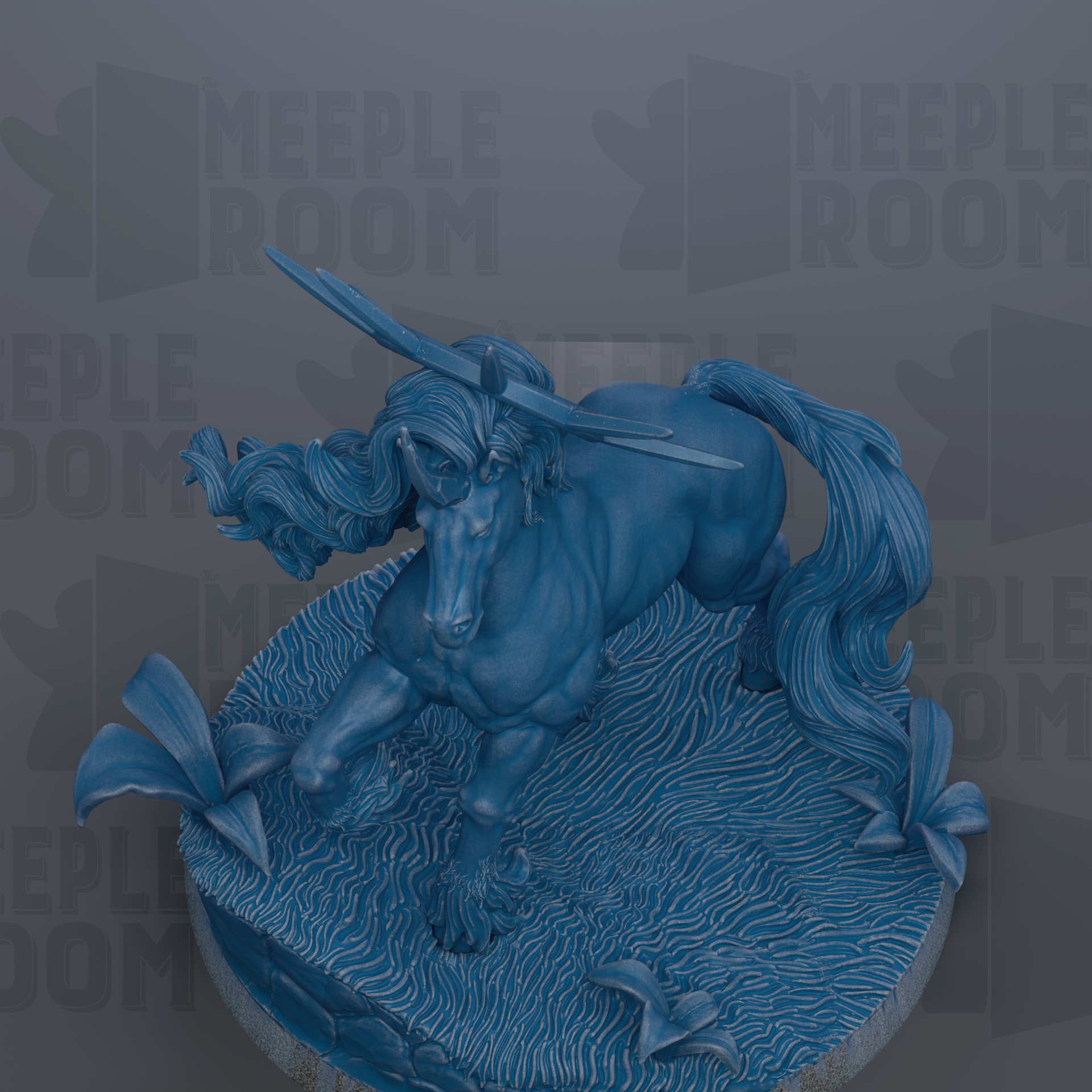 A blue, 3D-rendered unicorn statue with a flowing mane and tail, standing on a textured surface.