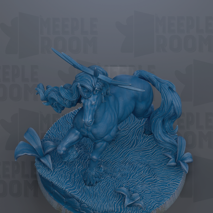 A blue, 3D-rendered unicorn statue with a flowing mane and tail, standing on a textured surface.