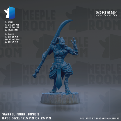 a figurine of a warrior character, specifically a Warrel Monk, posed in a dynamic stance with a sword in hand. The figurine is set against a dark background with repeated text and logos, including the words "MEUPLE ROOM" and "SORDANE PUBLISHING". The base size of the figurine is either 12.5 mm or 25 mm, depending on the interpretation of the image.