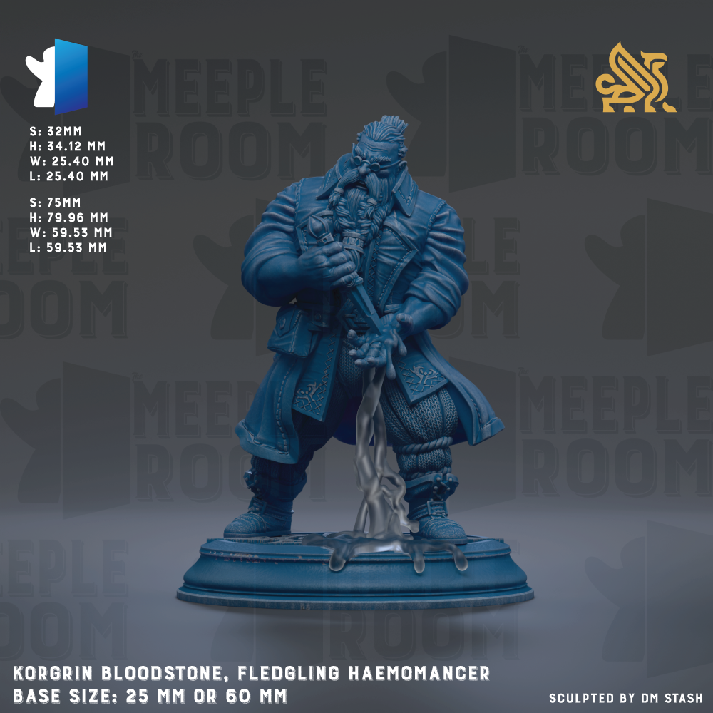 a statue of a character with a beard and mustache, wearing a long coat and holding a sword. The statue is made of a blue material and is placed on a pedestal. The base size of the statue is 25 mm or 60 mm.