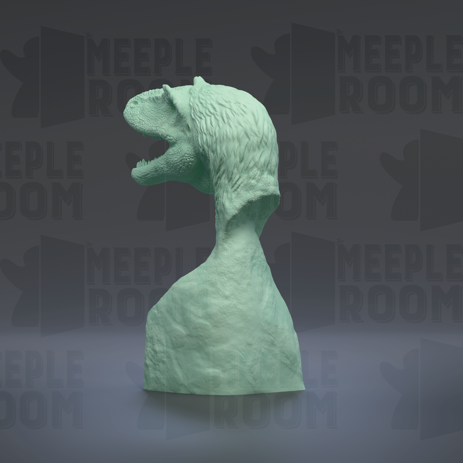 A green dinosaur head sculpture is displayed against a dark background with repeated text.