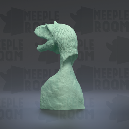 A green dinosaur head sculpture is displayed against a dark background with repeated text.