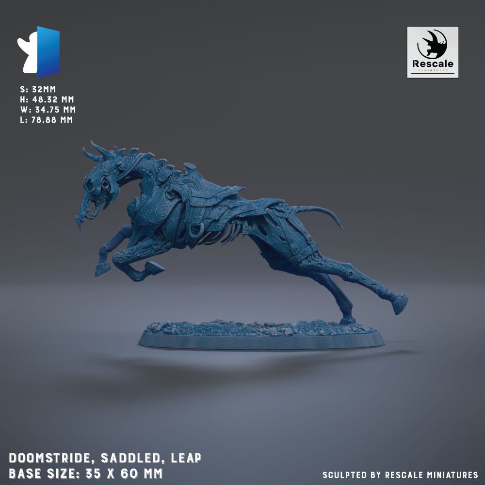 a blue, armored horse statue in mid-leap, with a base size of 35 x 60 mm.
