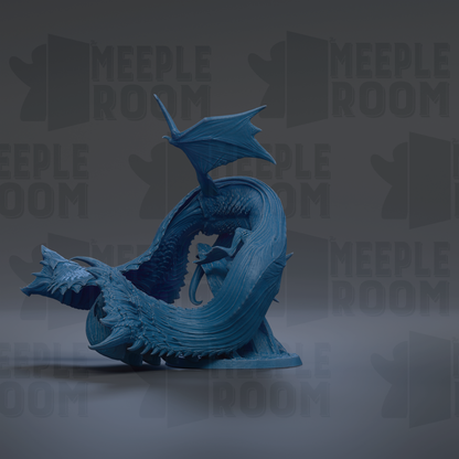 A blue dragon figurine is shown against a dark background with repeated text.