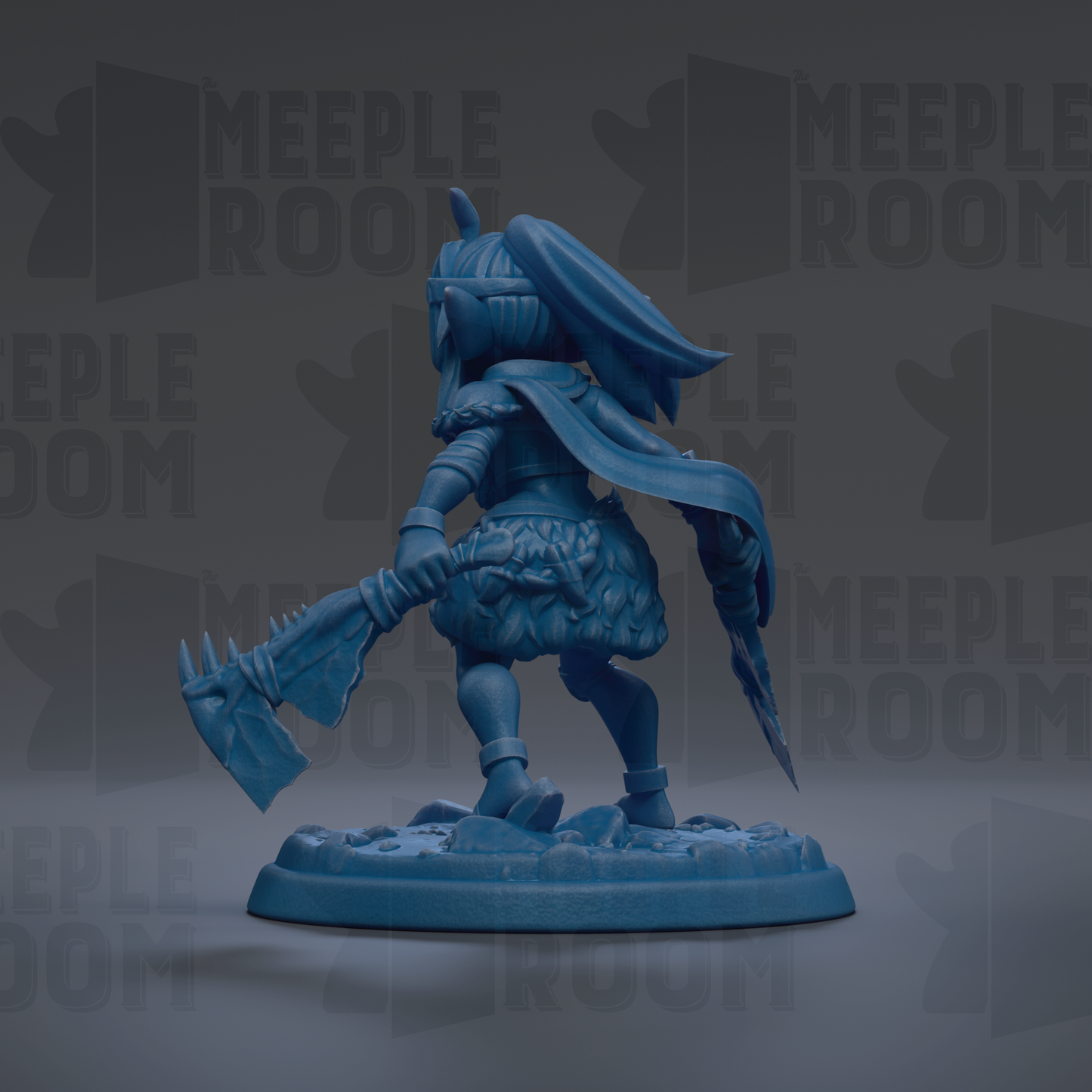 A blue figurine of a warrior standing on a base, holding a weapon and wearing a helmet.