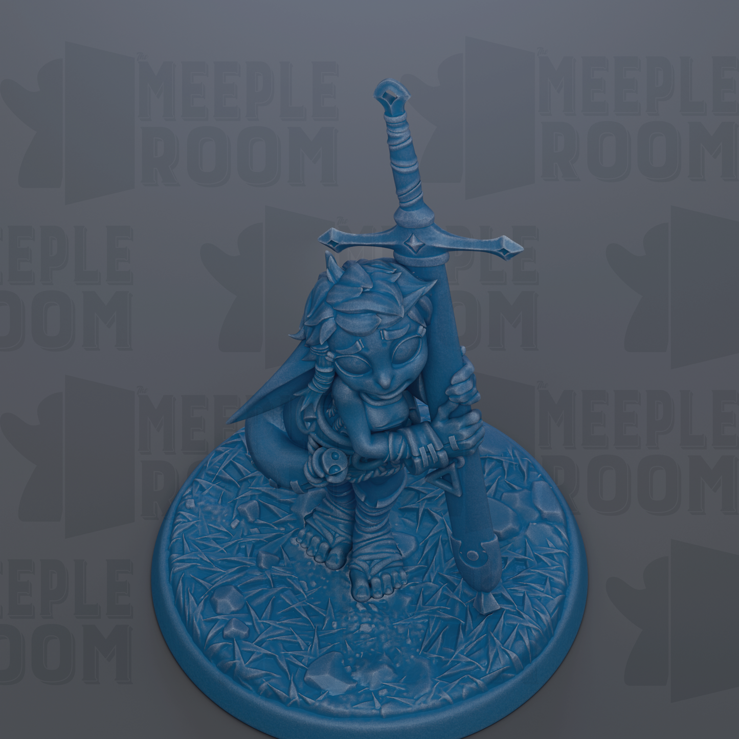 A blue figurine of a character holding a sword and shield, sitting on a base with a patterned surface.