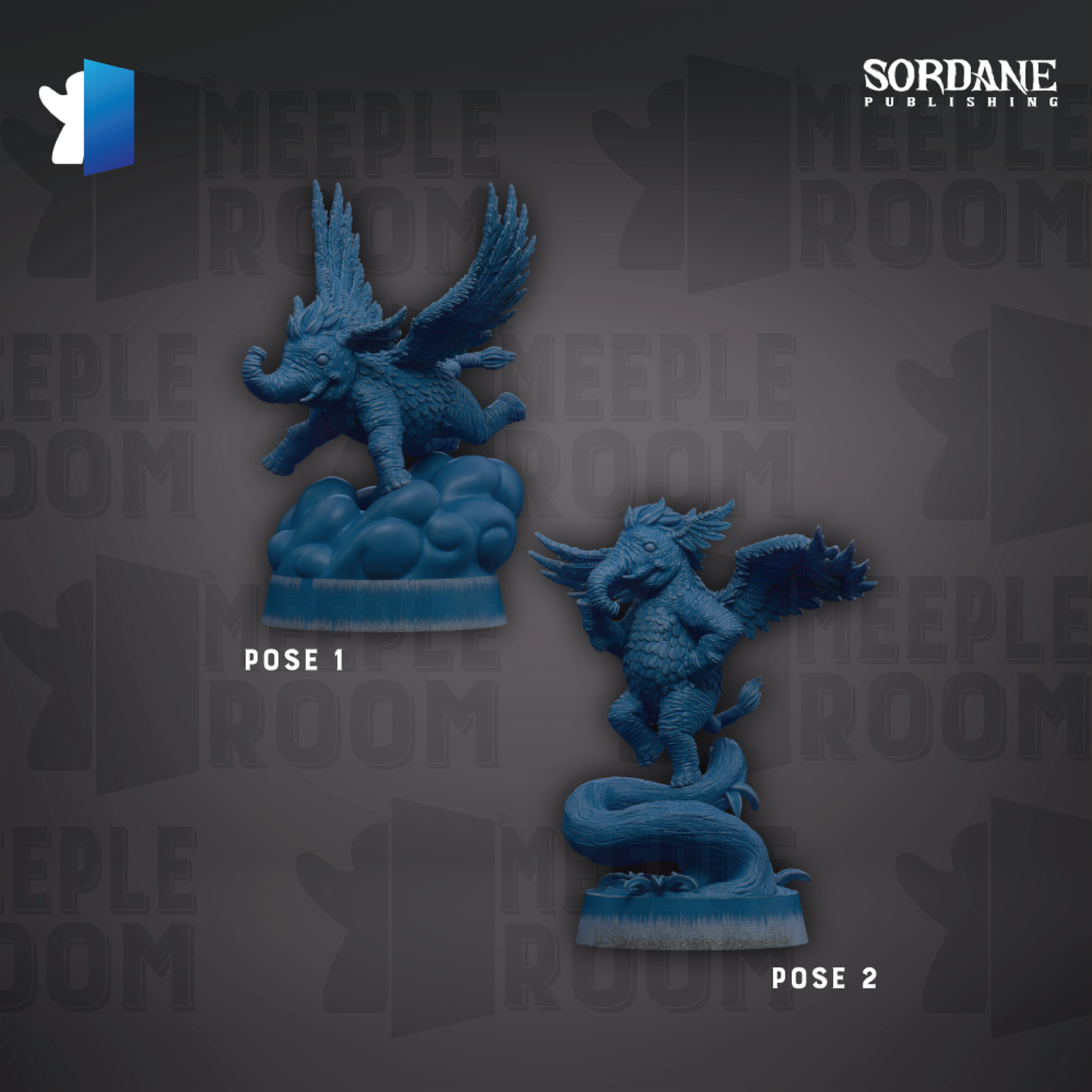 two blue figurines, one of a winged creature and the other of a dragon-like creature, set against a dark background with repeated text.