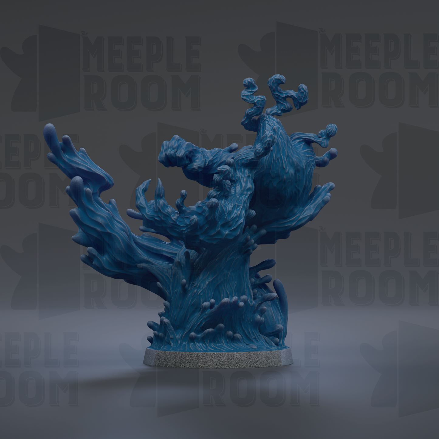 A 3D rendering of a blue, abstract sculpture with flowing, organic shapes and textures, set against a dark background with repeated text.