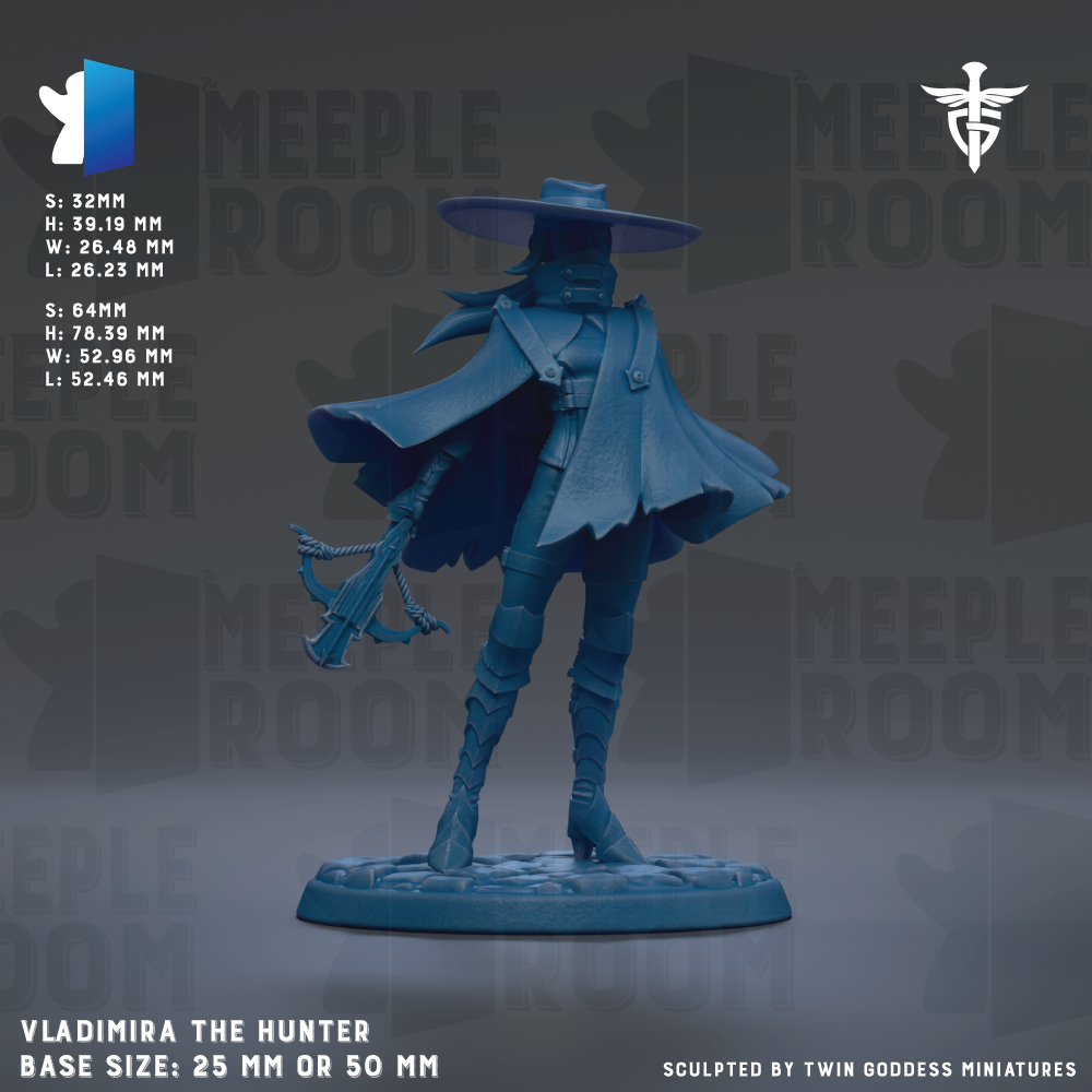 a figurine of a character named Vladimir the Hunter, standing on a base size of 25mm or 50mm.