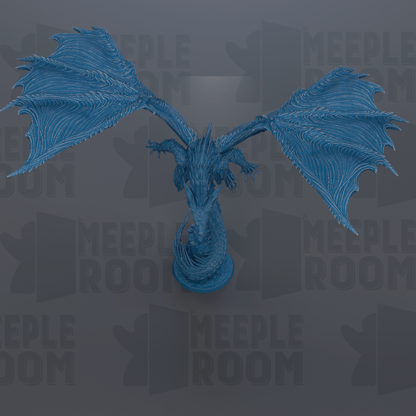A blue dragon statue with outstretched wings is prominently featured against a dark background with repeated text.