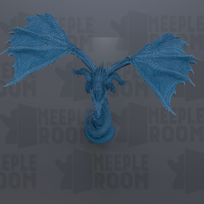 A blue dragon statue with outstretched wings is prominently featured against a dark background with repeated text.