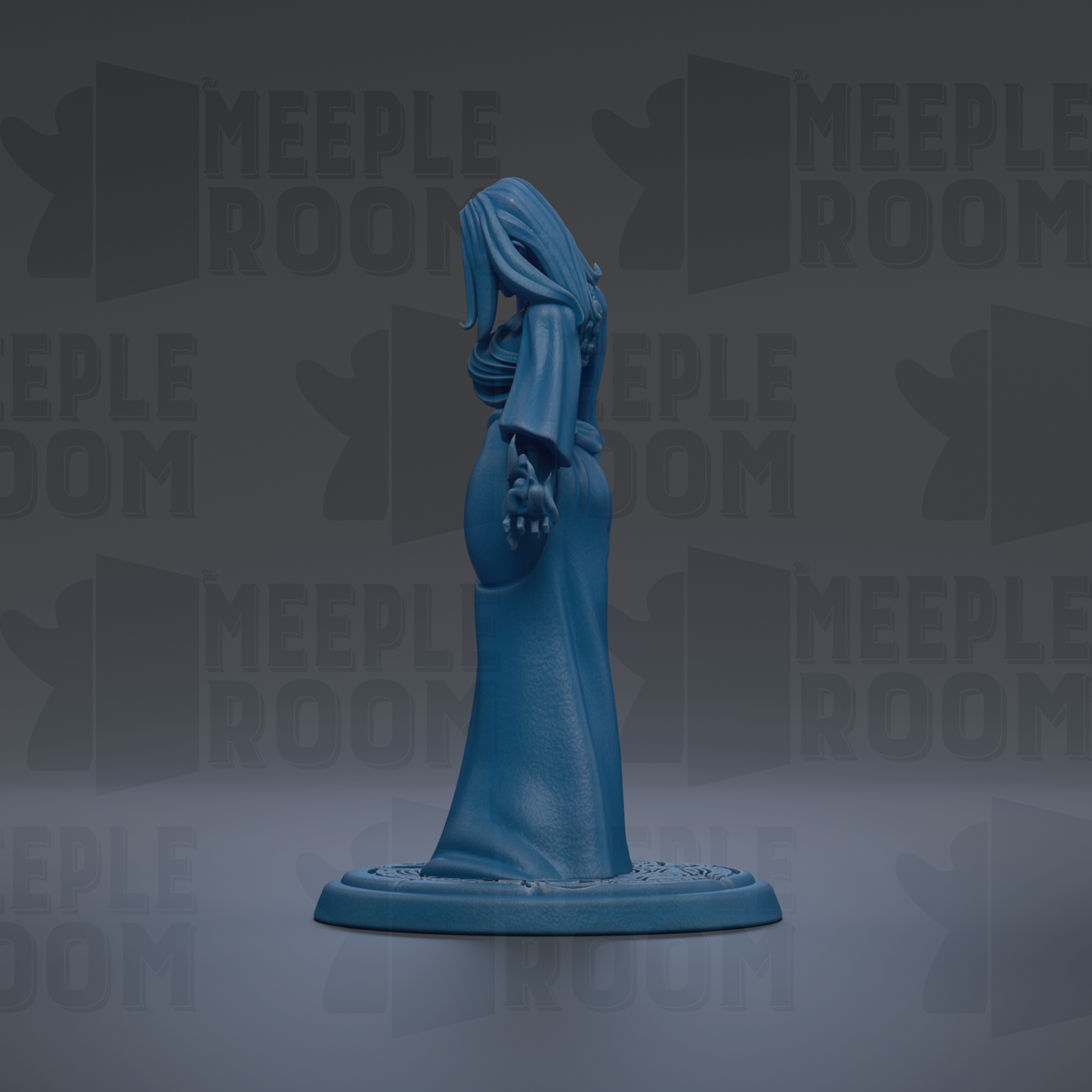 A blue figurine of a woman with long hair and a flowing dress stands on a base against a dark background with repeated text.