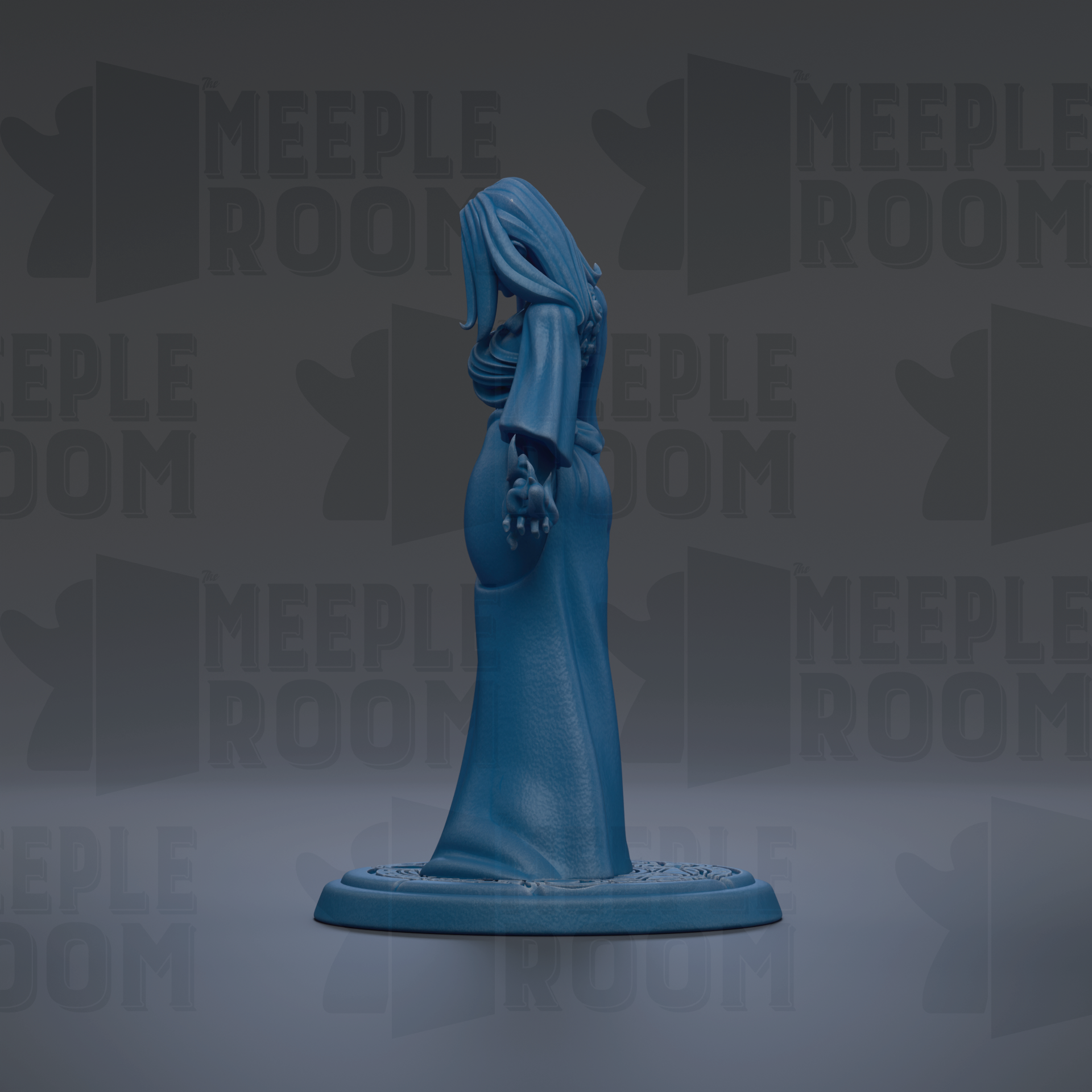 A blue figurine of a woman with long hair and a flowing dress stands on a base against a dark background with repeated text.